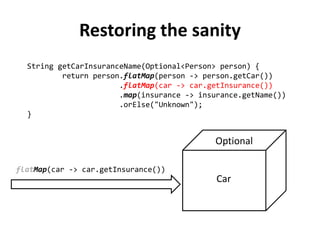 String getCarInsuranceName(Optional<Person> person) {
return person.flatMap(person -> person.getCar())
.flatMap(car -> car.getInsurance())
.map(insurance -> insurance.getName())
.orElse("Unknown");
}
Restoring the sanity
Optional
flatMap(person -> person.getCar())
Optional
Car
 