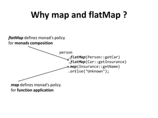 String getCarInsuranceName(Optional<Person> person) {
return person.flatMap(person -> person.getCar())
.flatMap(car -> car.getInsurance())
.map(insurance -> insurance.getName())
.orElse("Unknown");
}
Restoring the sanity
Optional
orElse("Unknown")
String
 