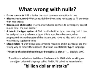 What wrong with nulls?
✗
Errors source → NPE is by far the most common exception in Java
✗
Bloatware source → Worsen reada...
