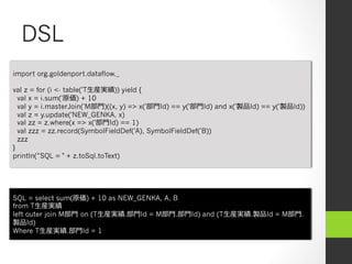 DSL
import org.goldenport.dataflow._

val z = for (i <- table('T⽣生産実績)) yield {
  val x = i.sum('原価) + 10
  val y = i.masterJoin('M部⾨門)((x, y) => x('部⾨門Id) == y('部⾨門Id) and x('製品Id) == y('製品Id))
  val z = y.update('NEW_GENKA, x)
  val zz = z.where(x => x('部⾨門Id) == 1)
  val zzz = zz.record(SymbolFieldDef('A), SymbolFieldDef('B))
  zzz
}
println(”SQL = " + z.toSql.toText)




SQL = select sum(原価) + 10 as NEW_GENKA, A, B
from T⽣生産実績
left outer join M部⾨門  on (T⽣生産実績.部⾨門Id = M部⾨門.部⾨門Id) and (T⽣生産実績.製品Id = M部⾨門.
製品Id)
Where T⽣生産実績.部⾨門Id = 1
 