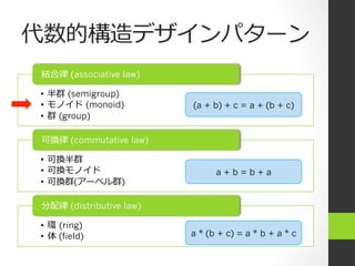代数的構造デザインパターン
結合律律 (associative law)

•  半群 (semigroup)
•  モノイド  (monoid)         (a + b) + c = a + (b + c)
•  群 (group)

可換律律 (commutative law)

•  可換半群
•  可換モノイド                       a+b=b+a
•  可換群(アーベル群)

分配律律 (distributive law)

•  環  (ring)
•  体 (field)              a * (b + c) = a * b + a * c
 