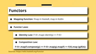 Functors
● Mapping function: fmap in Haskell, map in Kotlin
● Functor Laws:
● Identity Law: F<X>.map(::identity) == F<X>
● Composition Law:
F<X>.map(f.compose(g)) == F<X>.map(g).map(f) == F(X).map {g(f(it)}
Sources: https://wiki.haskell.org/Functor
 