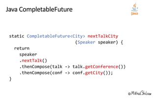 CompletableFuture<City> nextTalkCity
Speaker
nextTalk
getConference
getCity
 