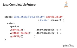 CompletableFuture<City> nextTalkCity
Speaker
nextTalk
getConference
getCity
 