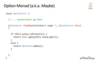 Optional<T>
// ... constructors go here
Optional<U> flatMap T Optional<U> func
func
Optional
 