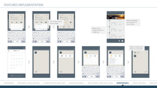 Overview HEURISTIC EVALUATION COMPETITIVE ANALYSIS USER RESEARCH Exploring the solution WIREFRAMES USER TESTING Prototype
FeatureS implementation
User is able to add a
note or image.
Ability to have
multiple locations in
a single day.
Ability to designate
the “champion” or
main location.
Ability to create search
filters for current data
 