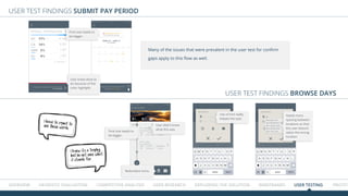 Overview HEURISTIC EVALUATION COMPETITIVE ANALYSIS USER RESEARCH Exploring the solution WIREFRAMES USER TESTING Prototype
USER TEST FINDINGS submit Pay period
USER TEST FINDINGS BROWSE DAYS
Font size needs to
be bigger.
Font size needs to
be bigger.
User didn’t know
what this was.
Use of hint really
helped the task.
Redundant icons.
User knew what to
do because of the
color highlight.
Many of the issues that were prevalent in the user test for confirm
gaps apply to this flow as well.
Needs more
spacing between
locations so that
the user doesn’t
select the wrong
location
I know it’s a trophy,
but I’m not sure what
it stands for.
I have to squint to
see those words.
 