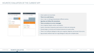 Heuristic Evaluation of the current app
Action options are very linear.
There is no undo feature.
User is clear on distinguishing between different actions.
App does not follow iOS conventions.
There currently are no error messages.
User recognizes objects, actions, and options.
System remembers frequently used locations to help users along task.
Overall design is minimal and all relevant elements are easily visible.
There is not sufficient dialogue to help user recognize, diagnose, and recover from errors.
App provides sufficient help via in-app dialogue to help users complete tasks.
Overview HEURISTIC EVALUATION COMPETITIVE ANALYSIS USER RESEARCH Exploring the solution WIREFRAMES USER TESTING Prototype
 