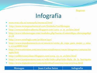 Regresar

                          Infografía
 www.rena.edu.ve/venezuela/monacul.html
 http://www.monagasalnatural.com/Simbolos%20Monagas
 http://venezueladescubierta.blogspot.com/2007_11_01_archive.html
 http://www.infomonagas.com/modules.php?name=Content&pa=showpage&pi
  d=78
 http://www.venelogia.com/archivos/950/
 http://www.mundoanuncio.co.ve/anuncio/venta_de_ropa_para_mujer_y_nina
  s_1171306888.html
 http://www.orientese.com/secciones/estadosucre/sucre/imagenes/cumana/im
  aqna.htm
 http://colibrivenezolano.blogspot.com/2009_03_01_archive.html
 http://www.juanjosemora.com.ve/wiki/index.php?title=Baile_de_la_burriquita
 http://www.mipunto.com/venezuelavirtual/000/002/019/003/004.html

       Monagas               Juan Carlos Sainz            Infografía
 
