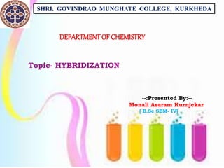 SHRI. GOVINDRAO MUNGHATE COLLEGE, KURKHEDA
Topic- HYBRIDIZATION
--:Presented By:--
Monali Asaram Kurnjekar
[ B.Sc SEM- IV]
DEPARTMENT OF CHEMISTRY
 