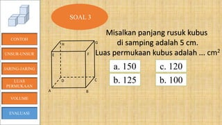 B
CD
E
H G
F
A
CONTOH
JARING-JARING
VOLUME
LUAS
PERMUKAAN
EVALUASI
SOAL 3
Misalkan panjang rusuk kubus
di samping adalah 5 cm.
Luas permukaan kubus adalah ... cm2
a. 150
b. 125
c. 120
b. 100
UNSUR-UNSUR
 