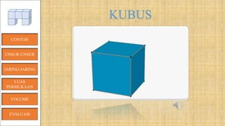 CONTOH
UNSUR-UNSUR
JARING-JARING
VOLUME
LUAS
PERMUKAAN
EVALUASI
KUBUS
 