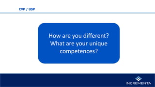 CVP / USP
How are you different?
What are your unique
competences?
 