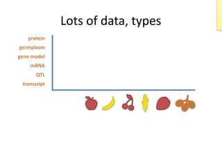 Lots	of	data,	types
protein	
germplasm	
gene	model	
mRNA	
QTL	
transcript
i
X
Y
 
