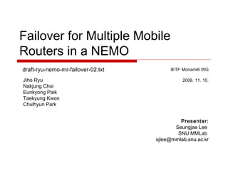 Failover for Multiple Mobile
Routers in a NEMO
draft-ryu-nemo-mr-failover-02.txt        IETF Monami6 WG

Jiho Ryu                                      2006. 11. 10.
Nakjung Choi
Eunkyong Paik
Taekyung Kwon
Chulhyun Park


                                             Presenter:
                                           Seungjae Lee
                                            SNU MMLab
                                    sjlee@mmlab.snu.ac.kr
 