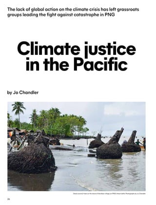 Climate justice
in the Pacific
by Jo Chandler
The lack of global action on the climate crisis has left grassroots
groups leading the fight against catastrophe in PNG
Dead coconut trees on the shore of Veraibari village,on PNG’s Kikori delta.Photographs by Jo Chandler
26
 