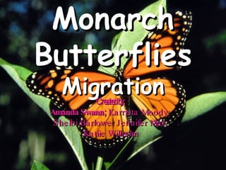 Monarch Butterflies Migration Created by:  Amanda Swann;   Karrista Moody;   Shelbi Barlowe;   Jennifer Mar;   Katiie Wilhelm 