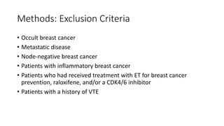 Methods: Exclusion Criteria
• Occult breast cancer
• Metastatic disease
• Node-negative breast cancer
• Patients with inflammatory breast cancer
• Patients who had received treatment with ET for breast cancer
prevention, raloxifene, and/or a CDK4/6 inhibitor
• Patients with a history of VTE
 