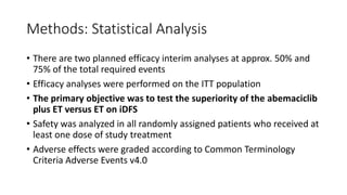 Methods: Statistical Analysis
• There are two planned efficacy interim analyses at approx. 50% and
75% of the total required events
• Efficacy analyses were performed on the ITT population
• The primary objective was to test the superiority of the abemaciclib
plus ET versus ET on iDFS
• Safety was analyzed in all randomly assigned patients who received at
least one dose of study treatment
• Adverse effects were graded according to Common Terminology
Criteria Adverse Events v4.0
 