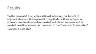 Results
“In the monarchE trial, with additional follow-up, the benefit of
adjuvant abemaciclib deepened in magnitude, with an increase in
absolute invasive disease–free survival and distant recurrence–free
survival benefit at 4 years, as compared to the 2-year and 3-year rates,”
- Johnston S, ASCO 2022
 