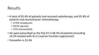 Results
• A total of 95.4% of patients had received radiotherapy, and 95.4% of
patients had received prior chemotherapy
• 37.0% neoadjuvant
• 58.3% adjuvant
• 3.5% received both
• AIs were prescribed as the first ET in 68.3% of patients (including
14.2% treated with AI (+) ovarian function suppression)
• Tamoxifen in 31.4%
 