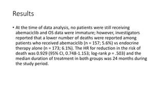 Results
• At the time of data analysis, no patients were still receiving
abemaciclib and OS data were immature; however, investigators
reported that a lower number of deaths were reported among
patients who received abemaciclib (n = 157; 5.6%) vs endocrine
therapy alone (n = 173; 6.1%). The HR for reduction in the risk of
death was 0.929 (95% CI, 0.748-1.153; log-rank p = .503) and the
median duration of treatment in both groups was 24 months during
the study period.
 
