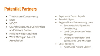 Potential Partners
● The Nature Conservancy
● DNR
● MDOT
● Grand Haven Area Convention
and Visitors Bureau
● Holland Visitors Bureau
● West Michigan Tourist
Association
● Experience Grand Rapids
● Pure Michigan
● Regional Land Conservancy Units
○ Southwest Michigan Land
Conservancy
○ Land Conservancy of West
Michigan
○ Others further north and
south along Lake Michigan
● Local agencies
○ Kalamazoo Nature Center
 