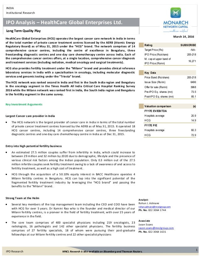 monarch networth capital ipo note on healthcare global networth analysis
