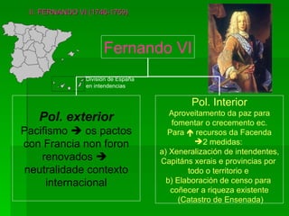 II. FERNANDO VI (1746-1759) División de España en intendencias Fernando VI Pol. exterior Pacifismo    os pactos con Francia non foron renovados     neutralidade contexto internacional Pol. Interior Aproveitamento da paz para fomentar o crecemento ec. Para    recursos da Facenda 2 medidas:  a) Xeneralización de intendentes, Capitáns xerais e provincias por  todo o territorio e  b) Elaboración de censo para  coñecer a riqueza existente (Catastro de Ensenada) 