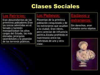 Clases Sociales
Los Patricios:               Los Plebeyos:                  Esclavos y
Eran descendientes de los    Provenían de la primitiva      extranjeros:
primitivos pobladores.Eran   población conquistada y de
los únicos admitidos en el   los extranjeros que acudían    Sin derechos, eran
Senado y también             a la ciudad. Eran libres,      tratados como objetos.
monopolizaban los altos      pero carecían de influencia
cargos del Estado, las más
                             política.Estaba prohibido el
elevadas jerarquías
sacerdotales y la posesión   matrimonio entre los
de los terrenos públicos.    individuos de una y otra
                             clase.
 