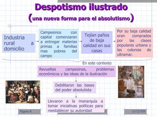 Industria rural a domicilio Despotismo ilustrado ( una nueva forma para el absolutismo ) Campesinos con capital comenzaron a entregar materias primas a familias mas pobres del campo Tejían paños de baja calidad en sus casas Por su baja calidad eran comprados por las clases populares urbana y las colonias de ultramar. Revueltas campesinas, problemas económicos y las ideas de la ilustración Debilitaron las bases del poder absolutista Llevaron a la monarquía a tomar iniciativas políticas para reestablecer su autoridad En este contexto 