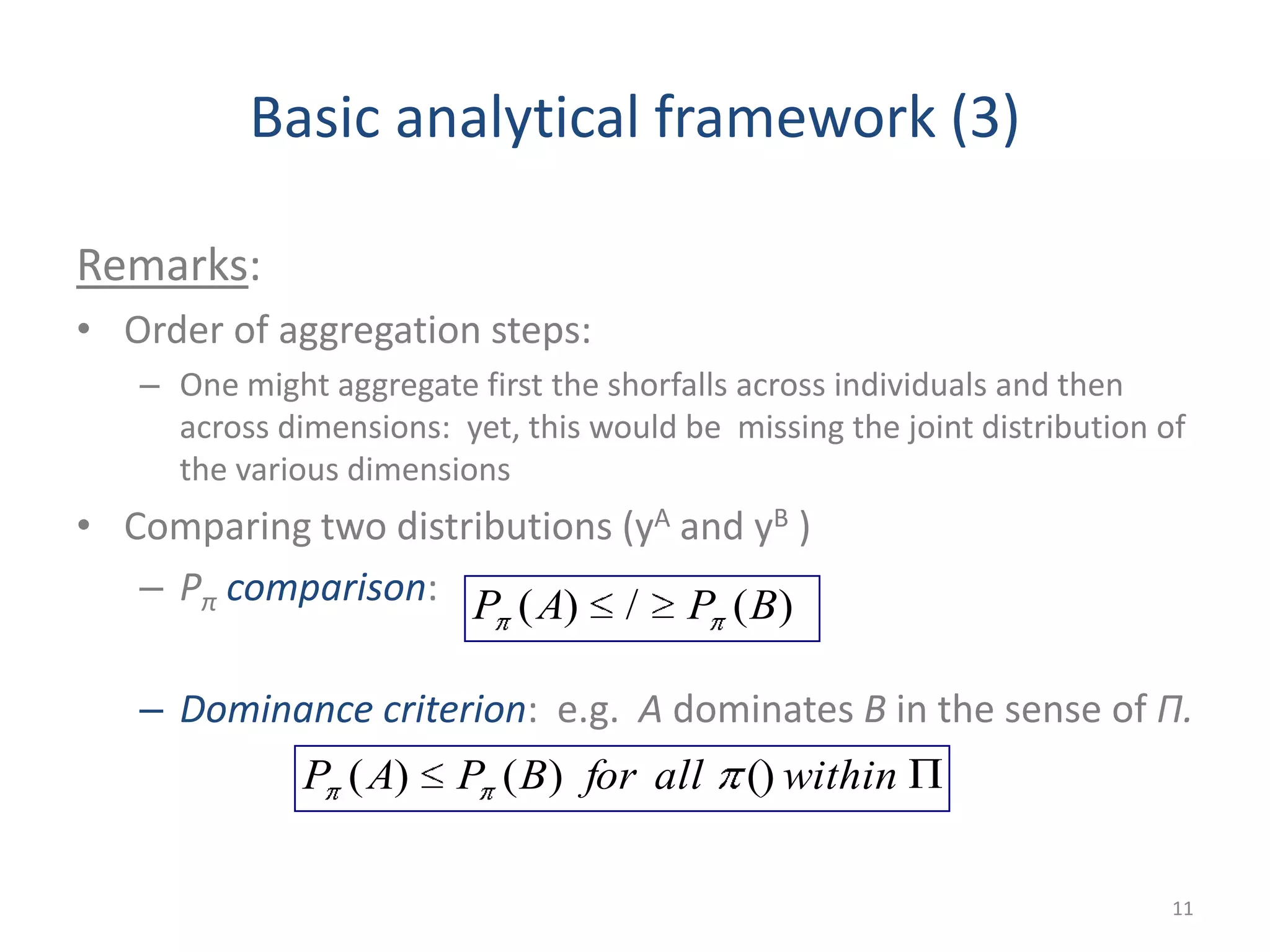 Basic analytical framework (3)
Remarks:
• Order of aggregation steps:
– One might aggregate first the shorfalls across individuals and then
across dimensions: yet, this would be missing the joint distribution of
the various dimensions
• Comparing two distributions (yA and yB )
– Pπ comparison:
– Dominance criterion: e.g. A dominates B in the sense of Π.
11
withinallforBPAP ())()(
)(/)( BPAP
 