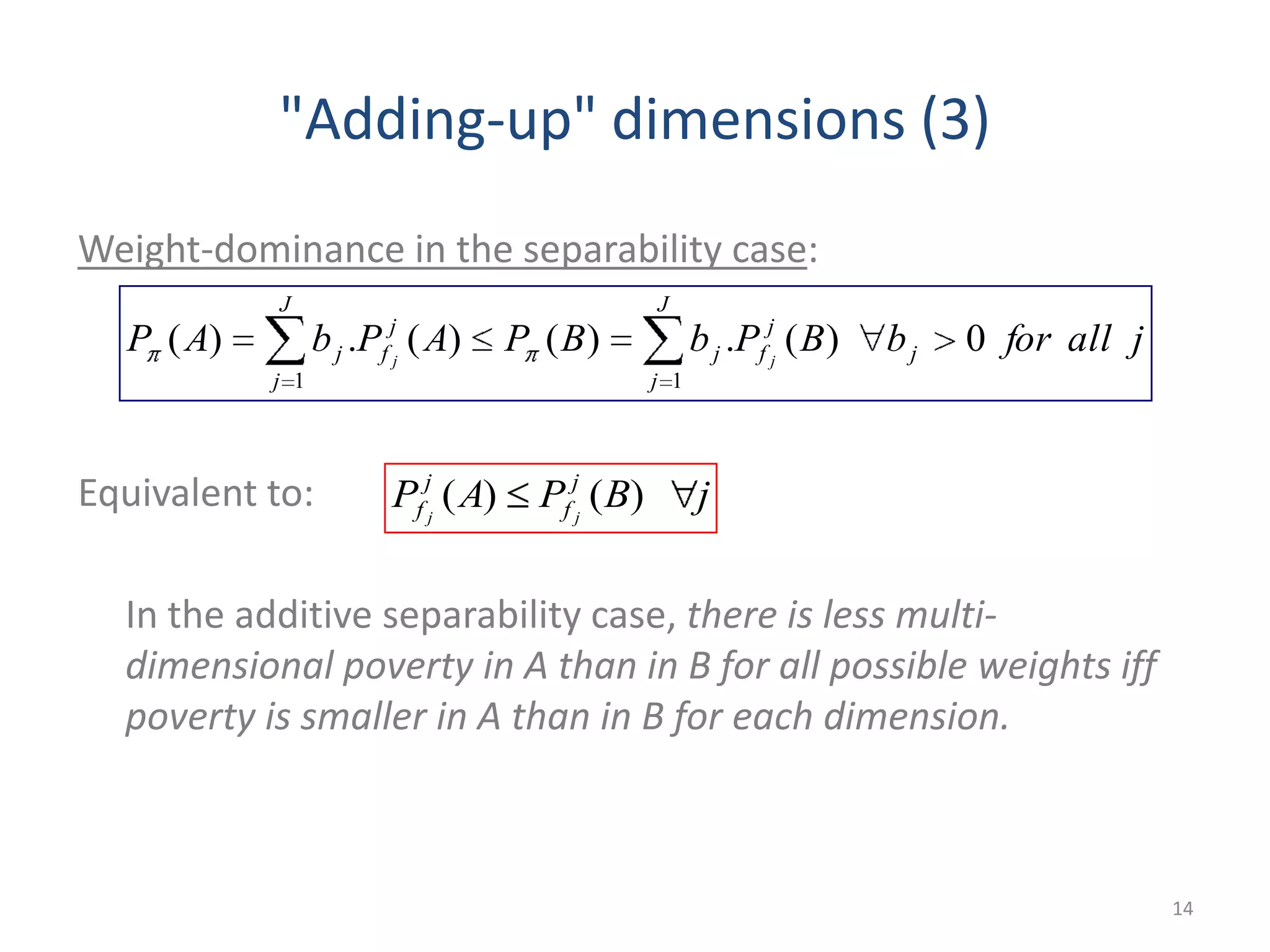 "Adding-up" dimensions (3)
Weight-dominance in the separability case:
Equivalent to:
In the additive separability case, there is less multi-
dimensional poverty in A than in B for all possible weights iff
poverty is smaller in A than in B for each dimension.
14
jallforbBPbBPAPbAP j
j
f
J
j
j
j
f
J
j
j jj
0)(.)()(.)(
11
jBPAP j
f
j
f jj
)()(
 