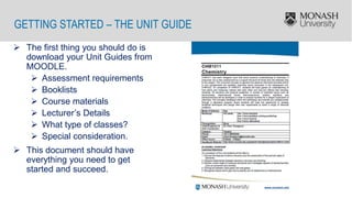 GETTING STARTED – THE UNIT GUIDE
 The first thing you should do is
download your Unit Guides from
MOODLE.
 Assessment requirements
 Booklists
 Course materials
 Lecturer’s Details
 What type of classes?
 Special consideration.
 This document should have
everything you need to get
started and succeed.
 