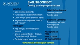 Let’s Chat
• Start speaking confidently
• Fun classes ran by student-facilitators
• Learn through games and make friends
• Register online –registration opens in
early February
Peer Support
• Help with your academic English
grammar
• Drop in sessions Monday – Friday in
Clayton libraries (RLS Points)
• Facilitated by your peers, one on one
ENGLISH CONNECT
Develop your language for success
• Polish Up Your Grammar
Grammar workshops
Register online
• Accent with Confidence
Pronunciation and public
speaking course
Register online
All programs are
FREE
PEER TO PEER
ON ALL CAMPUSES
www.monash.edu/english-connect
 