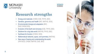 8
Research strengths
• Energy and materials (CHEM, EAE, PHYS, BIO)
• Genetics, genomics and health (BIO, MATHS, SOS)
• Environmental change and adaptation (BIO,
EAE,CHEM,SOS)
• Evolution of the Earth and Universe (EAE, PHYS, BIO)
• Solutions for a big data world (MATHS, PHYS, BIO)
• Synthesis for function (CHEM, SOS)
• Mathematical networks, space, and symmetry (MATHS)
• New ways of seeing and understanding the world
(PHYSICS, CHEM, MATHS, EAE, BIO)
 