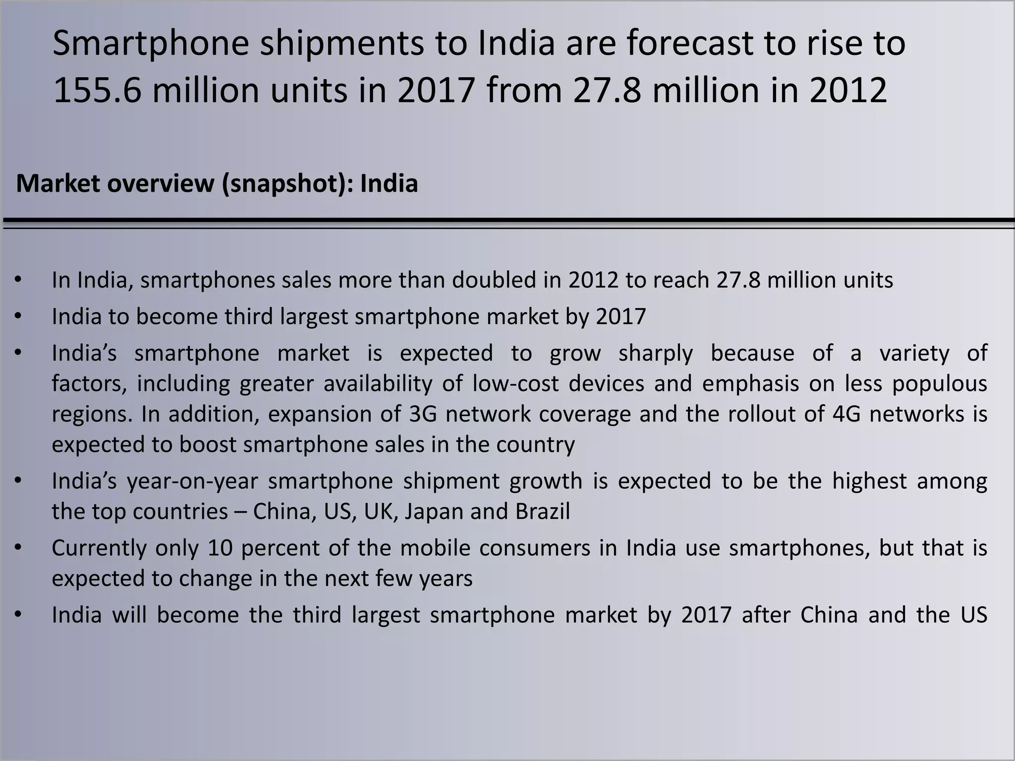 Smartphone shipments to India are forecast to rise to
155.6 million units in 2017 from 27.8 million in 2012
Market overview (snapshot): India
•
•
•

•
•
•

In India, smartphones sales more than doubled in 2012 to reach 27.8 million units
India to become third largest smartphone market by 2017
India’s smartphone market is expected to grow sharply because of a variety of
factors, including greater availability of low-cost devices and emphasis on less populous
regions. In addition, expansion of 3G network coverage and the rollout of 4G networks is
expected to boost smartphone sales in the country
India’s year-on-year smartphone shipment growth is expected to be the highest among
the top countries – China, US, UK, Japan and Brazil
Currently only 10 percent of the mobile consumers in India use smartphones, but that is
expected to change in the next few years
India will become the third largest smartphone market by 2017 after China and the US

 
