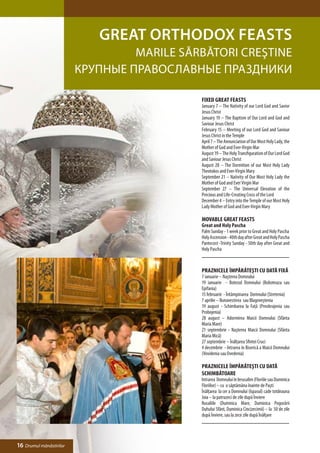Great Orthodox Feasts
                                  Marile sărbători creştine
                         Крупные православные праздники

                                            Fixed Great Feasts
                                            January 7 – The Nativity of our Lord God and Savior
                                            Jesus Christ
                                            January 19 – The Baptism of Our Lord and God and
                                            Saviour Jesus Christ
                                            February 15 – Meeting of our Lord God and Saviour
                                            Jesus Christ in the Temple
                                            April 7 – The Annunciation of Our Most Holy Lady, the
                                            Mother of God and Ever-Virgin Mar
                                            August 19 – The Holy Transfiguration of Our Lord God
                                            and Saviour Jesus Christ
                                            August 28 – The Dormition of our Most Holy Lady
                                            Theotokos and Ever-Virgin Mary
                                            September 21 – Nativity of Our Most Holy Lady the
                                            Mother of God and Ever Virgin Mar
                                            September 27 – The Universal Elevation of the
                                            Precious and Life-Creating Cross of the Lord
                                            December 4 – Entry into the Temple of our Most Holy
                                            Lady Mother of God and Ever-Virgin Mary

                                            Movable Great Feasts
                                            Great and Holy Pascha
                                            Palm Sunday - 1 week prior to Great and Holy Pascha
                                            Holy Ascension - 40th day after Great and Holy Pascha
                                            Pantecost -Trinity Sunday - 50th day after Great and
                                            Holy Pascha



                                            Praznicele împărăteşti cu dată fixă
                                            7 ianuarie – Naşterea Domnului
                                            19 ianuarie - Botezul Domnului (Boboteaza sau
                                            Epifania)
                                            15 februarie - Întâmpinarea Domnului (Stretenia)
                                            7 aprilie – Bunavestirea sau Blagoveştenia
                                            19 august - Schimbarea la Faţă (Preobrajenia sau
                                            Probojenia)
                                            28 august – Adormirea Maicii Domnului (Sfânta
                                            Maria Mare)
                                            21 septembrie - Naşterea Maicii Domnului (Sfânta
                                            Maria Mică)
                                            27 septembrie – Înălţarea Sfintei Cruci
                                            4 decembrie - Intrarea în Biserică a Maicii Domnului
                                            (Vovidenia sau Ovedenia)

                                            Praznicele împărăteşti cu dată
                                            schimbătoare
                                            Intrarea Domnului în Ierusalim (Floriile sau Duminica
                                            Floriilor) – cu o săptămâna înainte de Paşti
                                            Înălţarea la cer a Domnului (Ispasul) cade totdeauna
                                            Joia – la patruzeci de zile după Înviere
                                            Rusaliile (Duminica Mare, Duminica Pogorârii
                                            Duhului Sfânt, Duminica Cincizecimii) – la 50 de zile
                                            după Înviere, sau la zece zile după Înălţare




16 Drumul mănăstirilor
 