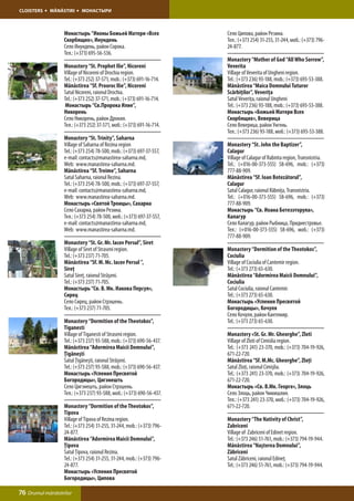 CLOISTERS    MĂNĂSTIRI     МОНАСТЫРИ



                  Монастырь “Иконы Божьей Матери «Всех                 Село Ципова, район Резина.
                  Скорбящих», Инундень                                 Тел.: (+373 254) 31-255, 31-244, моб.: (+373) 796-
                  Село Инундень, район Сорока.                         24-877.
                  Тел.: (+373) 695-56-536.
                                                                       Monastery “Mother of God “All Who Sorrow”,
                  Monastery “St. Prophet Ilie”, Nicoreni               Veverita
                  Village of Nicoreni of Drochia region.               Village of Veverita of Ungheni region.
                  Tel.: (+373 252) 37-571, mob.: (+373) 691-16-714.    Tel.: (+373 236) 93-188, mob.: (+373) 693-53-388.
                  Mănăstirea “Sf. Prooroc Ilie”, Nicoreni              Mănăstirea “Maica Domnului Tuturor
                  Satul Nicoreni, raionul Drochia.                     Scârbiţilor”, Veveriţa
                  Tel.: (+373 252) 37-571, mob.: (+373) 691-16-714.    Satul Veveriţa, raionul Ungheni
                   Монастырь “Св.Пророка Илие”,                        Tel.: (+373 236) 93-188, mob.: (+373) 693-53-388.
                  Никорень                                             Монастырь «Божьей Матери Всех
                  Село Никорень, район Дрокия.                         Скорбящих», Веверица
                  Тел.: (+373 252) 37-571, моб.: (+373) 691-16-714.    Село Веверица, район Унгень.
                                                                       Тел.: (+373 236) 93-188, моб.: (+373) 693-53-388.
                  Monastery “St. Trinity”, Saharna
                  Village of Saharna of Rezina region                  Monastery “St. John the Baptizer”,
                  Tel.: (+373 254) 78-500, mob.: (+373) 697-37-557,    Calagur
                  e-mail: contacts@manastirea-saharna.md,              Village of Calagur of Rabnita region, Transnistria.
                  Web: www.manastirea-saharna.md.                      Tel.: (+016-00-373-555) 58-696, mob.: (+373)
                  Mănăstirea “Sf. Treime”, Saharna                     777-88-909.
                  Satul Saharna, raionul Rezina.                       Mănăstirea “Sf. Ioan Botezătorul”,
                  Tel.: (+373 254) 78-500, mob.: (+373) 697-37-557,    Calagur
                  e-mail: contacts@manastirea-saharna.md,              Satul Calagur, raionul Râbniţa, Transnistria.
                  Web: www.manastirea-saharna.md.                      Tel.: (+016-00-373-555) 58-696, mob.: (+373)
                  Монастырь «Святой Троицы», Сахарна                   777-88-909.
                  Село Сахарна, район Резина.                          Монастырь “Св. Иоана Ботезэторула»,
                  Тел.: (+373 254) 78-500, моб.: (+373) 697-37-557,    Калагур
                  e-mail: contacts@manastirea-saharna.md,              Село Калагур, район Рыбница, Приднестровье.
                  Web: www.manastirea-saharna.md.                      Тел.: (+016-00-373-555) 58-696, моб.: (+373)
                                                                       777-88-909.
                  Monastery “St. Gr. Mr. Iacov Persul”, Siret
                  Village of Siret of Straseni region.                 Monastery “Dormition of the Theotokos”,
                  Tel.: (+373 237) 71-705.                             Cociulia
                  Mănăstirea “Sf. M. Mc. Iacov Persul ”,               Village of Cociulia of Cantemir region.
                  Sireţ                                                Tel.: (+373 273) 65-630.
                  Satul Sireţ, raionul Străşeni.                       Mănăstirea “Adormirea Maicii Domnului”,
                  Tel.: (+373 237) 71-705.                             Cociulia
                  Монастырь “Св. В. Мк. Иакова Персул»,                Satul Cociulia, raionul Cantemir.
                  Сирец                                                Tel.: (+373 273) 65-630.
                  Село Сирец, район Стрэшень.                          Монастырь «Успения Пресвятой
                  Тел.: (+373 237) 71-705.                             Богородицы», Кочуля
                                                                       Село Кочуля, район Кантемир.
                  Monastery “Dormition of the Theotokos”,              Tel.: (+373 273) 65-630.
                  Tiganesti
                  Village of Tiganesti of Straseni region.             Monastery «St. Gr. Mr. Gheorghe”, Zloti
                  Tel.: (+373 237) 93-588, mob.: (+373) 690-56-437.    Village of Zloti of Cimislia region.
                  Mănăstirea “Adormirea Maicii Domnului”,              Tel.: (+373 241) 23-370, mob.: (+373) 704-19-926,
                  Ţigăneşti                                            671-22-720.
                  Satul Ţigăneşti, raionul Străşeni.                   Mănăstirea “Sf. M.Mc. Gheorghe”, Zloţi
                  Tel.: (+373 237) 93-588, mob.: (+373) 690-56-437.    Satul Zloţi, raionul Cimişlia.
                  Монастырь «Успения Пресвятой                         Tel.: (+373 241) 23-370, mob.: (+373) 704-19-926,
                  Богородицы», Цигэнешть                               671-22-720.
                  Село Цигэнешть, район Стрэшень.                      Монастырь «Св. В.Мк. Георге», Злоць
                  Тел.: (+373 237) 93-588, моб.: (+373) 690-56-437.    Село Злоць, район Чимишлия.
                                                                       Тел.: (+373 241) 23-370, моб.: (+373) 704-19-926,
                  Monastery “Dormition of the Theotokos”,              671-22-720.
                  Tipova
                  Village of Tipova of Rezina region.                  Monastery “The Nativity of Christ”,
                  Tel.: (+373 254) 31-255, 31-244, mob.: (+373) 796-   Zabriceni
                  24-877.                                              Village of Zabriceni of Edinet region.
                  Mănăstirea “Adormirea Maicii Domnului”,              Tel.: (+373 246) 51-761, mob.: (+373) 794-19-944.
                  Ţipova                                               Mănăstirea “Naşterea Domnului”,
                  Satul Ţipova, raionul Rezina.                        Zăbriceni
                  Tel.: (+373 254) 31-255, 31-244, mob.: (+373) 796-   Satul Zăbriceni, raionul Edineţ.
                  24-877.                                              Tel.: (+373 246) 51-761, mob.: (+373) 794-19-944.
                  Монастырь «Успения Пресвятой
                  Богородицы», Ципова

76 Drumul mănăstirilor
 