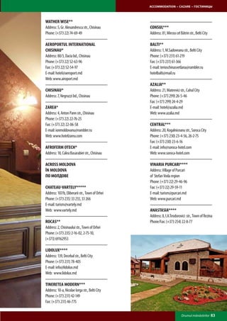 ACCOMMODATION • CAZARE • ГОСТИНИЦЫ




WATHER WISE**
Address: 5, Gr. Alexandrescu str., Chisinau      CONSUL***
Phone: (+373 22) 74-69-49                        Address: 81, Mircea cel Bătrin str., Belti City

AEROPORTUL INTERNATIONAL                         BALTI**
CHISINAU*                                        Address: 1, M.Sadoveanu str., Belti City
Address: 80/3, Dacia bd., Chisinau               Phone: (+373 231) 61-219
Phone: (+373 22) 52-63-96                        Fax: (+373 231) 61-366
Fax: (+373 22) 52-54-97                          E-mail: terioschinasvetlana@rambler.ru
E-mail: hotel@aeroport.md                        hotelbalti@mail.ru
Web: www.airoport.md
                                                 AZALIA**
CHISINAU*                                        Address: 21, Mateevici str., Cahul City
Address: 7, Negruzzi bd., Chisinau               Phone: (+373 299) 26-5-46
                                                 Fax: (+373 299) 24-4-29
ZAREA*                                           E-mail: hotel@azalia.md
Address: 4, Anton Pann str., Chisinau            Web: www.azalia.md
Phone: (+373 22) 22-76-25
Fax: (+373 22) 22-06-58                          CENTRAL***
E-mail: ionmoldovanu@rambler.ru                  Address: 20, Kogalniceanu str., Soroca City
Web: www.hotelzarea.com                          Phone: (+373 230) 23-4-56, 26-2-75
                                                 Fax: (+373 230) 23-6-16
AFROFERM OTECH*                                  E-mail: info@soroca-hotel.com
Address: 18, Calea Basarabiei str., Chisinau     Web: www.soroca-hotel.com

ACROSS MOLDOVA                                   VINARIA PURCARI****
în MOLDOVA                                       Address: Village of Purcari
ПО МОЛДОВЕ                                       of Stefan Voda region
                                                 Phone: (+373 22) 29-46-96
CHATEAU-VARTELY*****                             Fax: (+373 22) 29-59-11
Address: 107/b, Eliberarii str., Town of Orhei   E-mail: turism@purcari.md
Phone: (+373 235) 33 255, 33 266                 Web: www.purcari.md
E-mail: turism@vartely.md
Web: www.vartely.md                              ANASTASIA****
                                                 Address: 8, I.A.Teodorovici str., Town of Rezina
ROCAS**                                          Phone/Fax: (+373 254) 22-8-77
Address: 2, Chisinaului str., Town of Orhei
Phone: (+373 235) 2-16-02, 2-75-10,
(+373) 69162953

LIDOLUX****
Address: 139, Decebal str., Belti City
Phone: (+373 231) 78-405
E-mail: info@lidolux.md
Web: www.lidolux.md

TINERETEA MODERN***
Address: 10-a, Nicolae Iorga str., Belti City
Phone: (+373 231) 42-149
Fax: (+373 231) 46-775

                                                                          Drumul mănăstirilor      83
 