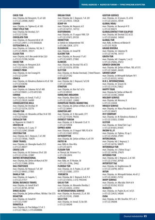 TRAVEL AGENCIES         AGENŢII DE TURISM        ТУРИСТИЧЕСКИЕ АГЕНТСТВА




CHEIE-TUR                                                 DREAM TOUR                                                GEOTUR-SERVICE
mun. Chişinău, bd. Renaşterii, 13, of. 428                mun. Chişinău, bd. C. Negruzzi, 7 of. 201                 mun. Chişinău, str. A.Şciusev, 35, of.10
(+373 22) 220480, 242057                                  (+373 22) 270535, 578528                                  (+373 22) 226333, 210149
CHIVOX                                                    ECHIP-99                                                  GLOBAL VOIAJ
mun. Chişinău, str. Tighina 65, of. 305                   mun. Chişinău, bd. Negruzzi, 6/2                          mun. Chişinău, str. București 41 D
CINCI STELE TUR                                           (+373 22) 547721, 547722                                  (+373 22) 928272
mun. Chişinău, bd. Decebal, 23/1                          ECOTURNOVA                                                GLOBALCONTACT-TUR (Calipso)
(+373 22) 723786                                          mun. Chişinău, str. 31 august 1989, 129                   mun. Chişinău, bd. Decebal 23/2 of.25
CIOCOLATA-TUR                                             (+373 22) 237673, 201250                                  (+373 22) 636263, 540365
mun. Chişinău, str. Bucureşti 60 of. 20                   EDINEŢTUR                                                 GLOBAL-TUR
(+373 22) 224811, (+373) 69202626                         or. Edineţ str. Independenţei 103                         mun. Bălţi, str.Mircea cel Bătrân 81
CISTEACOVA-L.A.                                           (+373 246) 22838, 22715                                   (+373 231) 76528
mun. Chişinău, str. Columna, 162, bir. 5                  ELEGRICON                                                 GRAND RIVIERA
(+373 22) 290474, 295571                                  mun. Chişinău, str. Ismail 98                             mun. Chişinău, str. Columna 76
CLASIC-TUR                                                ELICORI TUR                                               (+373 22) 545798, 541757
mun. Chişinău, str.V. Alecsandri 84 bir.7,8,9             mun. Chişinău, str. Bucureşti 17 of.1                     GRATA-TUR
(+373 22) 272390, 542204                                  (+373 22) 545875, 271883                                  mun. Chişinău, bd. I. Gagarin, 1, nr.22
COCOS TUR                                                 ELINICOS                                                  (+373 22) 276836, 274253
mun. Chişinău, str. Renaşterii 26 A                       mun. Chişinău, bd. Decebal 139, of.72                     GRINCO-GRINCOM
(+373 22) 210934, 210501                                  (+373 22) 553256, 505106                                  mun. Chişinău, bd. Ştefan cel Mare, 180, of.1315
COMNET-PRIM                                               ELIT-TUR                                                  (+373 22) 542681, 246505
mun. Chişinău, str. Ion Creangă 45                        mun. Chişinău, str. Nicolae Anestiadi, 7, Hotel Flowers   GRIVOX-GRUP
(+373 22) 523399                                          (+373 22) 277262                                          mun. Chişinău, str.Mitropolit Varlaam 74/1
CONICA                                                    EST INVEST                                                (+373 22) 835555, 543163
mun. Chişinău, str. Bănulescu Bodoni nr.45 of. 104        mun. Chişinău, bd. C. Negruzzi,7 of.238                   H.R.S. INTERNAŢIONAL
(+373 22) 836768                                          (+373 22) 226962                                          mun. Chişinău, str. Șciusev 56
CON-TURISM                                                ETNOTUR                                                   (+373 22) 213124, 210822
mun. Chişinău, str. Columna 162 of. 408                   mun. Chişinău, str. Kiev 16/1 of. 6                       HAPPY TOUR
(+373 22) 930451, (+373) 69131303                         (+373 22) 493525                                          mun. Chişinău bd. Ştefan cel Mare 83
CORINA                                                    EUROLINES MOLDOVA                                         (+373 22) 232385, 238260
mun. Chişinău, str. Ismail, 11 of.1,2                     mun. Chişinău, Aleea Gării, 1                             HOLIDAY-SERVICE
(+373 22) 278329, 546989                                  (+373 22) 222827, 224802                                  mun. Chişinău, bd. Moscova, 8
CORNEGUDŢEVA MILA                                         EUROPEAN TRAVEL MARKETING                                 (+373 22) 224444
mun. Chişinău, bd. Decebal, 59                            mun. Chişinău, bd. Ştefan cel Mare, 65 of. 610            HRIGEA-SERVICE
(+373 22) 532734, 535776                                  (+373 22) 260641                                          mun. Chişinău, str. Vlaicu Pârcalab 45 bir.4
COSMO-TUR                                                 EUROTUR-ART                                               (+373 22) 589472
mun. Chişinău, str. Alexandru cel Bun 34 of. 303          mun. Chişinău, str. V. Alecsandri, 27/1                   IFLY COMPANY
(+373 22) 542068                                          (+373 22) 731244, 796356                                  mun. Chişinău, str. M. Bănulescu-Bodoni, 8
CRISALEX-TUR                                              EVEREST TURISM                                            (+373 22) 253025, 253008
or. Nisporeni str. I.Vodă 13                              mun. Chişinău, str. V. Alexandri 13 of. 11                ILISTUR
CRISTAS-M                                                 (+373 22) 729358                                          mun. Chişinău, str. Sfatul Ţării 5 ap.1
mun. Chişinău, str. S. Lazo, 17                           EXPRES-AERO                                               (+373 22) 815825, 815835
(+373 22) 232967, 203688                                  mun. Chişinău, str. 31 August 1989, 93 of.14              INCOM-V.L.P.
CRISTINA TUR                                              (+373 22) 212607, 439552                                  mun. Chişinău, str. Tighina, 39, ap. 3
mun. Chişinău, bd. C. Negruzzi, 7, of. 240                EXTRAVIPTUR                                               (+373 22) 276768, 279491
(+373 22) 578568, 750678                                  mun. Chişinău, bd. Ştefan cel Mare, 4, of. 519            INTERCANGAL
CROIF TRAVEL                                              FAITEC-M                                                  mun. Chişinău, bd. C. Negruzzi, 5
mun. Chişinău, str. Gheorghe Asachi 25/3                  mun. Bălţi str. Kiev 48/a                                 (+373 22) 542116, 500879
(+373 22) 288477                                          (+373 231) 66173                                          INTERMEGA-TUR
CRUISE LIFE                                               FLEGON-TUR                                                mun. Chişinău, str. L.Tolstoi 36 ap.1
mun. Chişinău, str. M. Eminescu 50 of. 320                or. Floreşti, bd. Victoriei 11 a                          (+373 22) 549708, 279679
(+373 22) 225104, 223087                                  (+373 250) 20414                                          INTERNIX-TUR
DAFNIS INTERNAŢIONAL                                      FLORIDA                                                   mun. Chişinău, bd. C. Negruzzi, 2, of. 505
mun. Chişinău, bd. Ştefan cel Mare,4 of.701               mun. Bălţi, str. Sf. Nicolae, 30                          (+373 22) 273567, 207920
(+373 22) 272000, 207016                                  (+373 231) 22396, 29462                                   INTERTEXT T&C
DALI PARTENER                                             FLORINA TUR                                               mun. Chişinău, str. Kogălniceanu 58
mun. Chişinău, bd. Negruzzi 7 of. 247                     mun. Chişinău, str. A. Puşkin, 22, of. 507                (+373 22) 224790, 240133
(+373 22) 500453, 271805                                  (+373 22) 233083, 237511                                  INTUR
DAMLA-TUR                                                  FORSBETA                                                 mun. Chişinău, str. Mitropolit Varlam, 46 of.1,2
mun. Chişinău, str. Gagarin, 1,                           mun. Chişinău, bd. C. Negruzzi, 8 of.21 A                 (+373 22) 242461, 212132
(+373 22) 277577                                          (+373 22) 576555, (+373) 79433445                         INVIP-SERVICE
DEDAL BUSINESS TRAVEL                                     GALAS-TUR                                                 mun. Chişinău, str. Alba Iulia 184/4 of.4
mun. Chişinău, str. Ismail 58 of.1                        mun. Chişinău, str. Alexandru Diordița 2                  (+373 22) 925262, 925232
(+373 22) 207185, 207184                                  (+373 22) 224433, 223954                                  IRANATIS
DINAS ALEXA                                               GC INTERNATIONAL SERVICE                                  mun. Chişinău, str. Puşkin 26, et.5 of.25
mun. Chişinău, bd. Ştefan cel Mare, 180 bloc 1 bir.1215   mun. Chişinău, str. Bucureşti, 23, of. 303                (+373 22) 224535, 540248
DISAETUR                                                  (+373 22) 212145, 276989                                  ISIDA
mun. Chişinău, str. Ismail 84                             GELU-TUR                                                  mun. Chişinău, str. Mit. Dosoftei, 97/1, of. 1
(+373 22) 273497                                          mun. Chişinău, str. Ismail, 33, bir.505                   (+373 22) 296048
DONATELA                                                  (+373 22) 500248
mun. Chişinău, str. Pan Halippa 3/1 of. 3
(+373 22) 738623, (+373) 69208886

                                                                                                                                              Drumul mănăstirilor      85
 