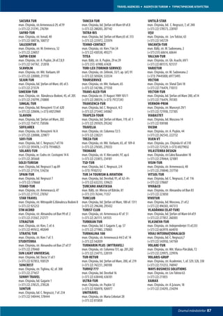 TRAVEL AGENCIES      AGENŢII DE TURISM       ТУРИСТИЧЕСКИЕ АГЕНТСТВА



 SACURA TUR                                            TANCEA-TUR                                           UNTILĂ-STAR
mun. Chişinău, str.Armenească 29, of.19               mun. Chişinău, bd. Ştefan cel Mare 69 of.8           mun. Chişinău, bd. C. Negruzzi, 7, of. 248
(+373 22) 213741, 276784                              (+373 22) 280203, 207142                             (+373 22) 578573, 228107
 SAFRO-TUR                                             TATRA-BIS                                            UŞU
mun. Chişinău, str. Ismail, 40                        mun. Chişinău, bd. Ştefan cel Mare,65 of. 313        mun. Chişinău, str. Lev Tolstoi, 63
(+373 22) 500736, 500737                              (+373 22) 225972, 225974                             (+373 22) 545729
 SALEXINTUR                                            TEHNO-CONTACT                                        VACANŢA-TUR
mun. Chişinău, str. M. Eminescu, 52                   mun. Chişinău, str. Kiev 7 bir.34                    mun. Bălţi, str. M. Sadoveanu, 2
(+373 22) 224057                                      (+373 22) 430530, 493271                             (+373 231) 60614, 60644
 SAPIN-EXIM                                            TITEA                                                VALCAN-TUR
mun. Chişinău, str. A. Puşkin, 24 of.7,8,9            mun. Bălţi, str. A. Puşkin, 29 nr.39                 mun. Chişinău, str. Gh. Asachi, 69/1
(+373 22) 547767, 212018                              (+373 231) 61900, 61428                              (+373 22) 881515, 921317
 SCAVOLIN                                              TORI-LEX (TORINIX-SERVICE)                           VARIETUR
mun. Chişinău, str. Mit. Varlaam, 69                  mun. Chişinău, str. Zelinski, 33/1, ap. (of.) 91     mun. Chişinău, str. M. Sadoveanu 2
(+373 22) 220000, 211150                              (+373 22) 505024, 533534                             (+373) 79445000, 69773495
 SEJUR TUR                                             TOURSERVICE                                          VECTOR
mun. Chişinău, bd. Ştefan cel Mare, 69, of.5          mun. Chişinău, str. Mit. Varlaam, 65                 mun. Chişinău, str. Sfatul Ţării 18
(+373 22) 273574                                      (+373 22) 542186, 271550                             (+373 22) 716474, 710313
SIMEXIM-TUR                                            TRANS-ALEX-TUR                                       VECTOR-TUR
mun. Chişinău, str. Bănulescu-Bodoni, 45, of. 205     mun. Chişinău str. 31 August 1989 101/1              mun. Chişinău, bd. Ştefan cel Mare 200, of.14
(+373 22) 210799, 210800                              (+373 22) 200374, (+373) 79727243                    (+373 22) 716474, 741303
 SIMGAL TUR                                            TRANSENCA-TUR                                        VERNON-PRIM
mun. Chişinău, bd. Renaşterii 13 of. 620              mun. Chişinău, bd. C. Negruzzi, 4/2                  mun. Chişinău, str. Munceşti 29/1
(+373 22) 220696, (+373) 69253969                     (+373 22) 273447, 545067                             (+373 22) 721930, 727305
 SLAVION                                               TRAPEZA-TOUR                                         VIABASTET
mun. Chişinău, bd. Ştefan cel Mare, 202               mun. Chişinău, bd. Ştefan cel Mare, 119, of. 1       mun. Chişinău, bd. Moscova 14
(+373 22) 754717, 750506                              (+373 22) 295929, 295242                             (+373 22) 930188
 SOFILAREX                                             TRAVELIA                                             VICOM
mun. Chişinău, str. Renaşterii 16 A                   mun. Chişinău, str. Columna 72/3                     mun. Chişinău, str. A. Puşkin, 44
(+373 22) 220088, 229877                              (+373 22) 228221                                     (+373 22) 242543, 222732
 SOFI-TUR                                              TREZA-TUR                                            VIJEN VT
mun. Chişinău, bd. C. Negruzzi,7 of.116               mun. Chişinău, str. Mit. Varlaam, 65, of. 109-A      mun. Chişinău, şos. Chişinău 61 of.310
(+373 22) 593478, (+373) 79148825                     (+373 22) 276505, 270333                             (+373 22) 721529, (+373) 69279032
 SOLARIS-TUR                                           TROMARE                                              VILASTERRA DESIGN
mun. Chişinău, or. Codru str. Costiujeni 14 A         mun. Chişinău, str. V. Alecsandri, 97, ap.6          mun. Chişinău, str.Calea Basarabiei 18
(+373 22) 285668                                      (+373 22) 233815, 234181                             (+373 22) 278464, 321081
SOLEI-TURISM                                           TSD-TUR                                              VISIN-TUR
mun. Chişinău, bd. Negruzzi 5 ap.89                   mun. Chişinău, bd. C. Negruzzi, 2/4                  mun. Chişinău, str. Armenească, 48
(+373 22) 271314, 534256                              (+373) 79102512                                      (+373 22) 210040, 237750
 SPAIN-TUR                                             TUR 34 TOURISM & AVIATION                            VITSOL-TUR
mun. Chişinău, bd. Negruzzi 7                         mun. Chişinău, bd. Decebal, 91, of. 62 «V»           mun. Chişinău, bd. C. Negruzzi, 7, of. 116
 (+373 22) 578668                                     (+373 22) 632233, 539623                             (+373 22) 578607
 STAND-TUR                                             ŢURCANU ANASTASIA                                    VIVA&CO
mun. Chişinău, str. Armenească, 47                    mun. Bălţi, str. Mircea cel Bătrân, 81               mun. Chişinău, str. Alexandru cel Bun 83
(+373 22) 277517, 270767                              (+373 231) 76344, 71357                              (+373 22) 223050
 STAR TRAVEL                                           TURCLUB                                             VIVOTUR
mun. Chişinău, str. Mitropolit G.Bănulescu Bodoni 8   mun. Chişinău, bd. Ştefan cel Mare, 180 of. 1311     mun. Chişinău, bd. Moscova, 21 of.2
(+373 22) 925253                                      (+373 22) 296248, 295432                             (+373 22) 496583, 447313
STM ACORD                                              TURIST CLUB                                          VLADĂNMA (ELAT-TUR)
mun. Chişinău, str. Alexandru cel Bun 99 of. 2        mun. Chişinău, str. Armeneasca 47 of. 51             mun. Chişinău, bd. Ştefan cel Mare 64 of.9
(+373 22) 213567, 212177                              (+373 22) 261111, 541555                             (+373 22) 277857, 260303
 STRAGTUR                                              TURKKAN TUR                                          VLASNEVA-TUR
mun. Chişinău, str. Kiev, 7, of. 6                    mun. Chişinău, bd. I. Gagarin 3, ap. 57              mun. Chişinău, str. Independenţei 15 of,333
(+373 22) 497612, 492049                              (+373 22) 271983, 270003                             (+373 22) 663919, 664010
 STRATIG TUR                                           TURMALINA 108                                        VOIAJ INTERNAŢIONAL&CO
mun. Chişinău, str. Kiev 7 of. 5                      mun. Chişinău, str. Armenească 44/2 of. 14           mun. Chişinău, bd. C. Negruzzi,7
STUDITERRA                                            (+373 22) 542039                                     (+373 22) 543950, 547769
mun. Chişinău, str. Alexandru cel Bun 27 of.17         TURMARIN PLUS (MYTRAVEL)                             VOLARE-TUR
(+373 22) 270460                                      mun. Chişinău, str. Columna 131, ap. 201,202         mun. Chişinău, str. Mit. Vlaicu-Pârcălab, 72
SUN LIGHT UNIVERSAL                                   (+373 22) 234715, 228159                             (+373 22) 229975, 229976
mun. Chişinău, bd. Dacia 51 of.1                       TUR-RETUR                                            VOLARIS-GRUP
(+373 22) 927853, 930129                              mun. Chişinău, bd. Ştefan cel Mare, 200, of. 219     mun. Chişinău, str. Academiei, 1, of. 329, 328, 330
 SUNCREST                                             (+373 22) 742231, 240108                             (+373 22) 731253, 748947
mun. Chişinău, str. Tighina, 42, of. 308               TURVIZ-777                                           WAYS BUSINESS SOLUTIONS
(+373 22) 271657                                      mun. Chişinău, bd. Decebal 16                        mun. Chişinău, str. Lev Tolstoi 63
 SUNNY TRAVEL                                         (+373 22) 638440, 636101                             (+373 22) 211855
mun. Chişinău, bd. Gagarin 1                           ULTRA-TUR                                            XAMAX
(+373 22) 278525, 278528                              mun. Chişinău, str. Pușkin 12                        mun. Chişinău, str. A.Şciusev, 18
 SUNTUR                                               (+373 22) 926978, 926977                             (+373 22) 234293, 234294
mun. Chişinău, bd. C. Negruzzi, 7 of. 234              UNITRAVEL
(+373 22) 540444, 578444                              mun. Chişinău, str. Maria Cebotari 28
                                                      (+373 22) 815858

                                                                                                                                      Drumul mănăstirilor        87
 