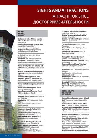 SIGHTS and attractions
                                                       ATRACŢII TURISTICE
                                               ДОСТОПРИМЕЧАТЕЛЬНОСТИ

                  CHISINAU                                             “Saint Pious Theodora from Sihla” Church
                  CHIŞINĂU                                             (1895), 20-a A.Puskin str.
                  КИШИНЭУ                                              Biserica “Sf. Cuvioasa Teodora de la Sihla”
                                                                       (1895), str.A.Puşkin 20-a.
                  The Monument to the Moldovan gospodar                Церковь «Св. Набожной Теодоры из Сихлы»
                  Stefan cel Mare (Stefan The Great), Public Park      (1895), ул.А.Пушкина, 20-А.
                  “Stefan cel Mare”.
                  Monumentul Domnitorului Ştefan cel Mare,             “St. Pantelimon” Church (1891), 44 Vlaicu
                  Grădina Publică „Ştefan cel Mare”.                   Parcalab str.
                  Памятник молдавскому господарю                       Biserica “Sf. Pantelimon” (1891), str. Vlaicu
                  Штефану чел Маре (Штефану Великому),                 Pârcălab, 44.
                  Публичный парк «Штефан чел Маре».                    Церковь «Св. Пантелимона» (1891), ул.
                                                                       Влайку Пыркэлаб, 44.
                  Portile Sfinte (Holly Gates), Great National
                  Assembly Square.                                     Military Glory Memorial “Eternitate”
                  Porţile Sfinte, Piaţa Marii Adunări Naţionale.       (“Eternity”) (1975), 9 Pan Halippa str.
                  Portile Sfinte (Святые Ворота) в центре              Memorial Gloriei Militare “Eternitate” (1975),
                  Площади Великого Национального Собрания.             str. Pan Halippa 9.
                                                                       Мемориал Воинской Славы “Eternitate”
                  Chisinau Nativity of the Lord Cathedral and          («Вечность») (1975), ул. Пан Халиппа, 9.
                  Bell Tower (1840), Cathedral park (Stefan cel Mare
                  bd.)                                                 Water Tower (1880), 2 Metropolitan G. Banulescu-
                  Catedrala Năşterea Domnului din Chişinău şi          Bodoni str.
                  Clopotniţa (1840), Parcul Catedralei (bd. Ştefan     Castelul de Apă (1880), str. Mitropolit
                  cel Mare).                                           G.Bănulescu-Bodoni 2.
                  Кишиневский Кафедральный Собор                       Водонапорная Башня (1880), ул. Митрополита
                  Рождества Христова и Колокольня (1840),              Г.Бэнулеску-Бодони, 2.
                  Кафедральный парк (бул. Штефан чел Маре).
                                                                       Organ Hall (1911), 81 Stefan cel Mare bd.
                  Chisinau City Hall building (1902), 83 Stefan cel    Sala cu Orgă (1911), bd. Ştefan cel Mare 81.
                  Mare bd.                                             Органный Зал (1911), бул. Штефан чел Маре,
                  Edificiul Primăriei municipiului Chişinău            81.
                  (1902), bd. Ştefan cel Mare 83.
                  Здание Кишиневской Примэрии (Мэрии)                  ACROSS MOLDOVA
                  (1902), бул. Штефан чел Маре, 83.                    ÎN MOLDOVA
                                                                       ПО МОЛДОВЕ
                  The Alley of Classical Authors (1957), “Stefan cel
                  Mare” Public Park.                                   Cultural historical museum complex “Orheiul
                  Aleea Clasicilor (1957), Grădina Publică “Ştefan     Vechi”, Butuceni and Trebujeni Villages of Orhei
                  cel Mare”.                                           region.
                  Аллея Классиков (1957), Публичный парк               Complexul istoric cultural-muzeal „Orheiul
                  «Штефан чел Маре».                                   Vechi”, s. Trebujeni şi s. Butuceni, raionul Orhei.
                                                                       Историко-культурный музейный комплекс
                  Monument to Alexander Pushkin (1885),                „Orheiul Vechi” (Старый Орхей), села Требужень
                  “Stefan cel Mare” Public Park.                       и Бутучень района Орхей.
                  Monumentul lui Alexandr Puşkin (1885),
                  Grădina Publică „Ştefan cel Mare”.                   Mirzoian Manuc-Bei Manor (XIX c), Metropolitan
                  Памятник Александру Пушкину (1885),                  Varlaam str, Hancesti town.
                  Публичный парк «Штефан чел Маре».                    Conacul familiei Mirzoian Manuc-Bei (s. XIX),
                                                                       or. Hânceşti, str. Mitropolit Varlaam.
                  “The Nativity of the Virgin Mary” church             Усадьба семьи Мирзоян-Манук-Бей (XIX в.),
                  (Mazarache) (1752-1757), 3 Mazarache str.            город Хынчешть, ул. Митрополит Варлаам.
                  Biserica “Naşterea Maicii Domnului” (Biserica
                  Mazarache) (1752-1757), str. Mazarache 3.            Monument to Heroes of Cahul Battle in 1770
                  Церковь «Рождения Богородицы»                        (1845), Vulcanesti Town.
                  (Мазаракиевская) (1752-1757), ул.Мазараке, 3.        Monumentul eroilor Bătăliei de la Cahul din

90 Drumul mănăstirilor
 