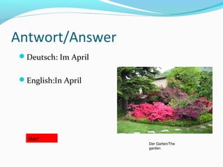 Antwort/Answer
 Deutsch: Im April


 English:In April




   Start
                      Der Garten/The
                      garden
 