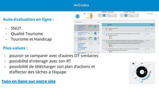 Auto-évaluation en ligne :
- SNUT
- Qualité Tourisme
- Tourisme et Handicap
Plus-values :
AnCodea
- pouvoir se comparer avec d’autres OT similaires
- possibilité d'interagir avec son RT
- possibilité de télécharger son plan d’actions et
d’affecter des tâches à l’équipe
Tuto en ligne sur notre site
 