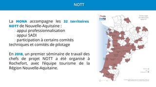 NOTT
La MONA accompagne les 32 territoires
NOTT de Nouvelle-Aquitaine :
appui professionnalisation
appui SADI
participation à certains comités
techniques et comités de pilotage
En 2018, un premier séminaire de travail des
chefs de projet NOTT a été organisé à
Rochefort, avec l’équipe tourisme de la
Région Nouvelle-Aquitaine.
 