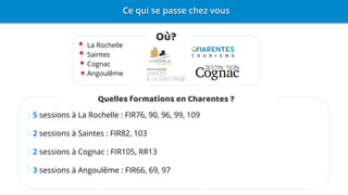 Ce qui se passe chez vous
Où?
La Rochelle
Saintes
Cognac
Angoulême
Quelles formations en Charentes ?
5 sessions à La Rochelle : FIR76, 90, 96, 99, 109
2 sessions à Saintes : FIR82, 103
2 sessions à Cognac : FIR105, RR13
3 sessions à Angoulême : FIR66, 69, 97
 