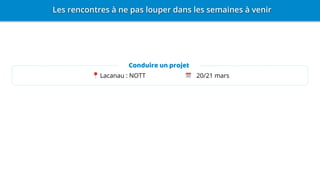 Conduire un projet
Les rencontres à ne pas louper dans les semaines à venir
Lacanau : NOTT 20/21 mars
 