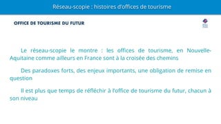 Réseau-scopie : histoires d’offices de tourisme
Le réseau-scopie le montre : les offices de tourisme, en Nouvelle-
Aquitaine comme ailleurs en France sont à la croisée des chemins
Des paradoxes forts, des enjeux importants, une obligation de remise en
question
Il est plus que temps de réfléchir à l’office de tourisme du futur, chacun à
son niveau
 
