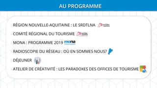 RÉGION NOUVELLE-AQUITAINE : LE SRDTLNA
COMITÉ RÉGIONAL DU TOURISME
MONA : PROGRAMME 2019
RADIOSCOPIE DU RÉSEAU : OÙ EN SOMMES NOUS?
DÉJEUNER
ATELIER DE CRÉATIVITÉ : LES PARADOXES DES OFFICES DE TOURISME
AU PROGRAMME
 